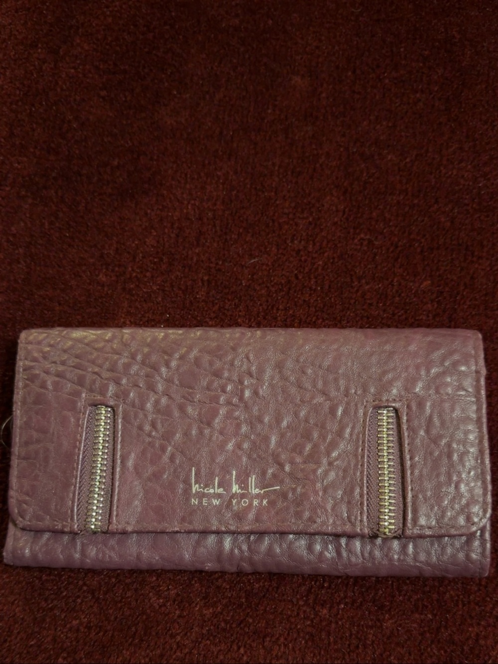 Nicole Miller Plum Fold-Over Leather Wallet with Gold Zippers